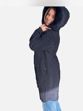 Long Quilted Hooded Coat with Faux Fur Trim - Navy Blue